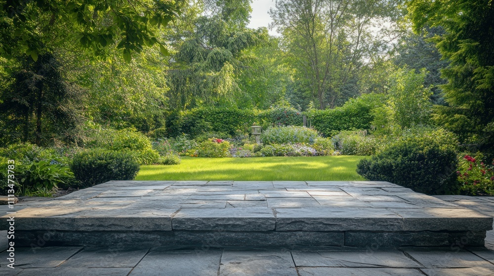 Fototapeta premium Stone patio overlooking lush green garden with blooming flowers and trees.