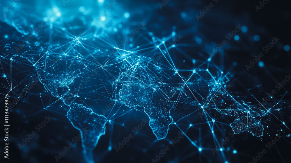 abstract business connection of line from nail node to node on world map background Innovation network points Earth's surface