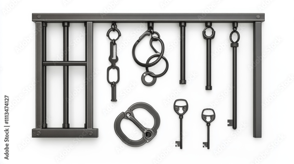 Steel lattice for prison windows, handcuffs and keys. Jail grid and manacles stuff for criminals and prisoners incarceration punishment isolated on white background. Realistic 3d vector illustration Steel lattice for prison windows, handcuffs and keys. Jail grid and manacles stuff for criminals and prisoners incarceration punishment isolated on white background. Realistic 3d vector illustration