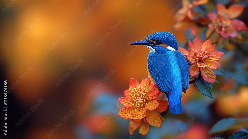 Obraz premium Vibrant kingfisher perched on autumn blossoms in a serene natural setting