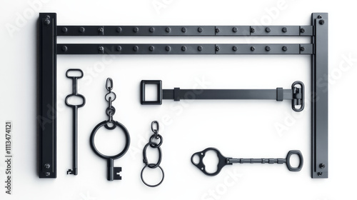 Steel lattice for prison windows, handcuffs and keys. Jail grid and manacles stuff for criminals and prisoners incarceration punishment isolated on white background. Realistic 3d vector illustration