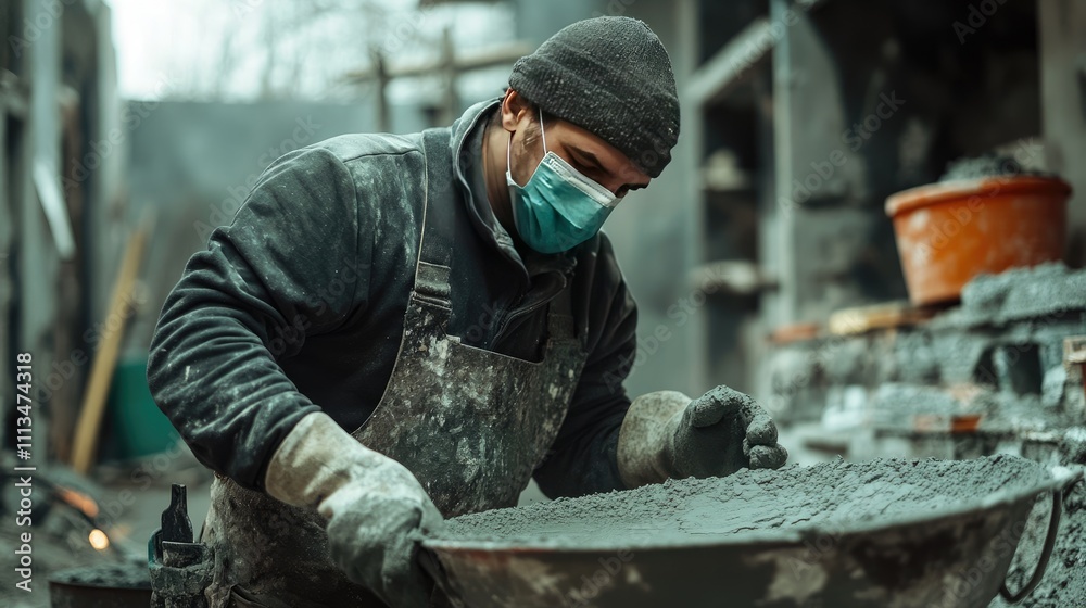 Worker Mixing Concrete in Construction Site Wearing Protective Gear Worker Mixing Concrete in Construction Site Wearing Protective Gear
