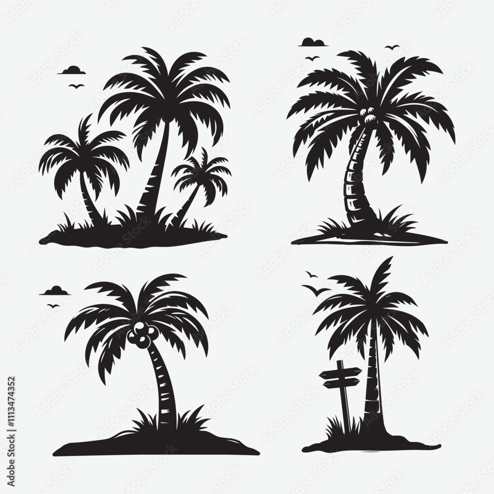 Fototapeta premium Black palm trees set isolated on white background. Palm silhouettes. Design of palm trees for posters, banners and promotional items. Vector illustration