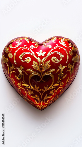 Luxurious red heart-shaped ornament adorned with intricate golden patterns, set against a clean white background. Perfect for elegant romantic designs or Valentine’s themes