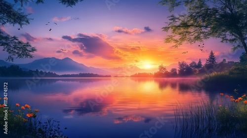 Serene Sunrise Over a Calm Lake.