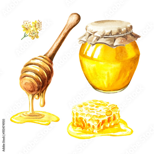Sweet honey set, fresh raw honeycomb with glass jar and wooden dipper. Watercolor hand drawn illustration isolated on white background