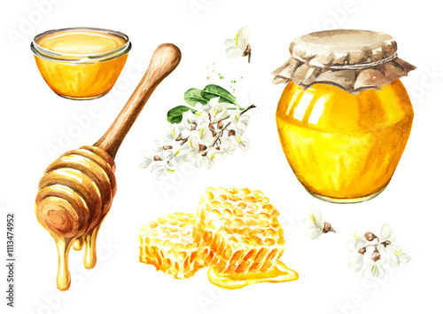 Sweet honey set, fresh raw honeycomb with glass jar, wooden dipper and acacia or Sophora Japonica flower.  Watercolor hand drawn illustration isolated on white background