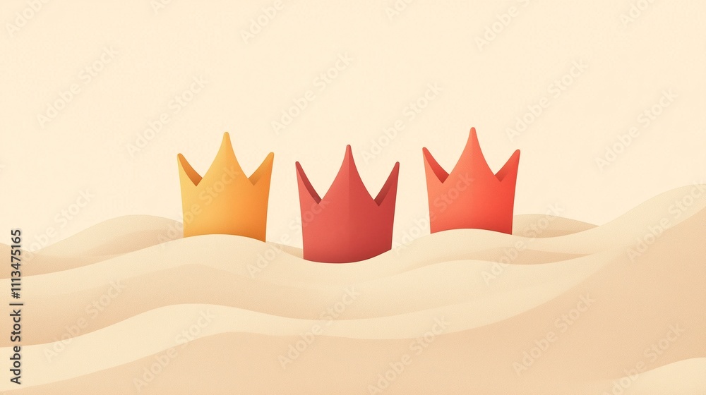 minimalistic design featuring three crowns on a desert sand backdrop minimalistic design featuring three crowns on a desert sand backdrop