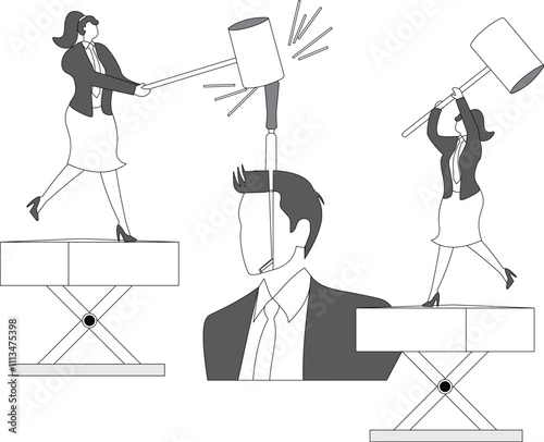 Headaches, nagging worries or troubles, schizophrenia or mental illness, mental health or psychological problems, depression, work anxiety or stress, two businesswomen in a tug-of-war tearing the head