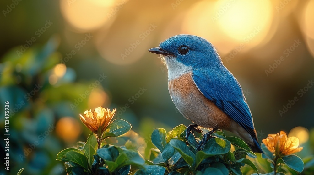 Obraz premium Vibrant bluebird on sunlit branch amidst blooming flowers during golden hour