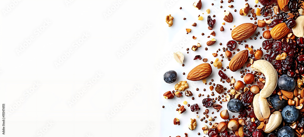Fototapeta premium Mix of nuts and dry fruits on white background, Generative AI technology