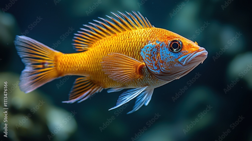 Fototapeta premium Vibrant orange fish with blue markings in natural underwater habitat