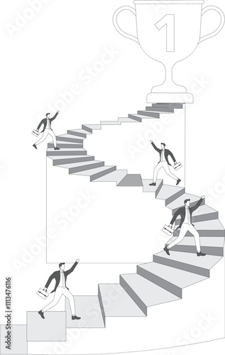 Motivated by the drive for success, the quest for success, achievement, benefits and rewards, the business competition, isometric four businessmen climb the stairs to reach the huge trophies