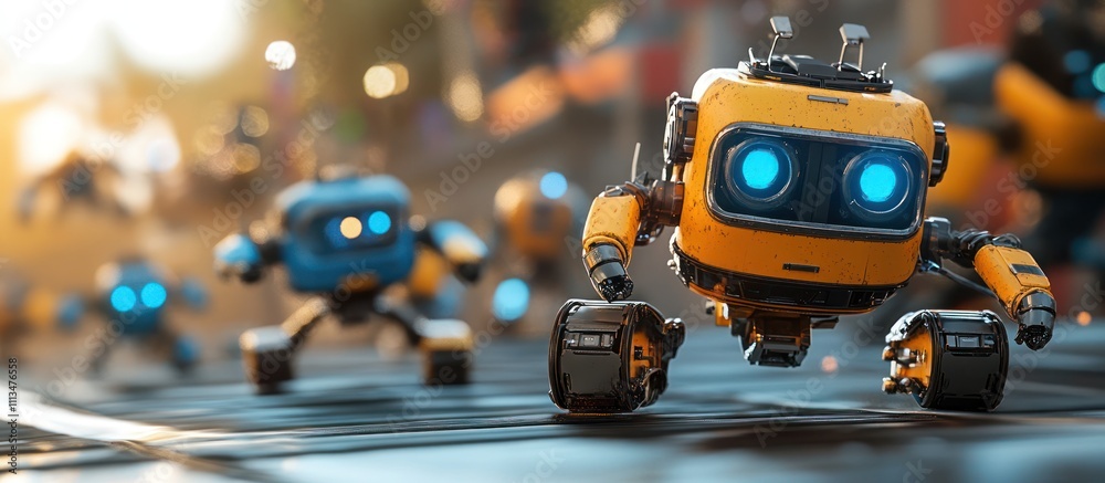 A group of small, friendly robots with glowing blue eyes walk in a line on a city street. A group of small, friendly robots with glowing blue eyes walk in a line on a city street.