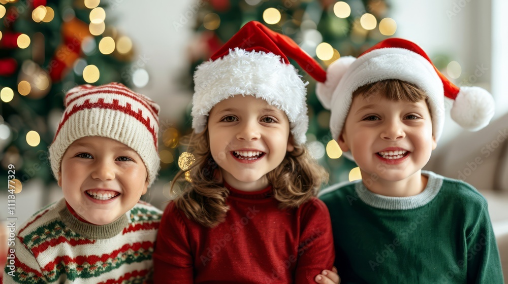 Cheerful Children in Festive Attire Celebrate Christmas with Joy and Laughter While Surrounded by Beautifully Decorated Holiday Trees and Bokeh Lights