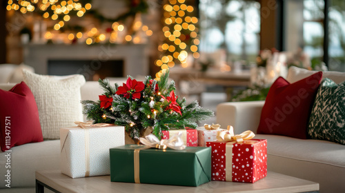 Cozy holiday setup with festive decorations, wrapped presents, and beautiful centerpiece photo