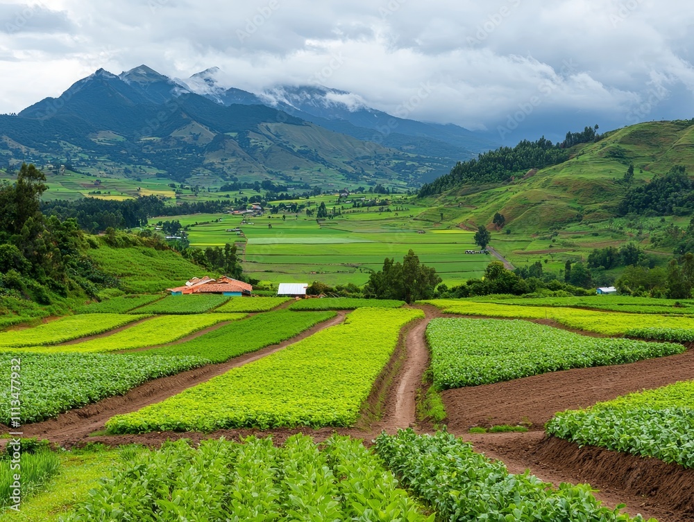 Fototapeta premium Exploring a remote hillside settlement surrounded by patchwork fields rural landscape nature's beauty serene environment scenic viewpoint