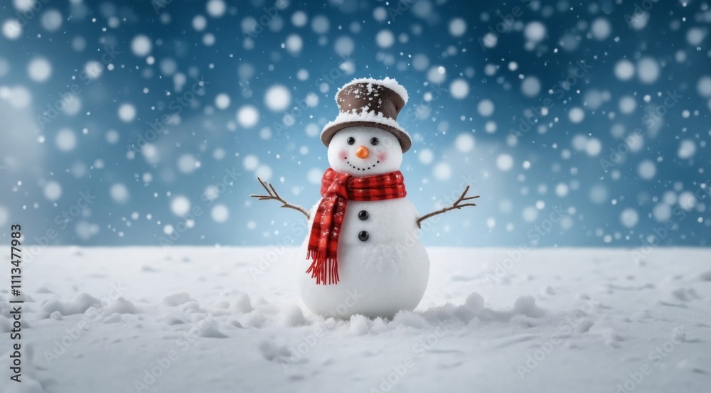 Fototapeta premium Funny snowman in a hat against the background of snow. Merry christmas and happy new year. Snowman on the snowy winter background.