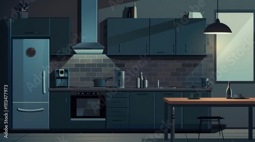 Kitchen Interior In the room consists of a dark tone. Refrigerator Oven, hood, sink and middle table to place food.