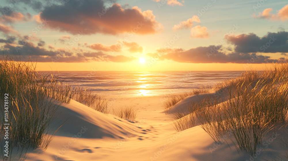Sunset Glow Over Coastal Sands. A captivating view of the setting sun over sandy dunes, blending warm tones and shadows, offering a peaceful coastal retreat Sunset Glow Over Coastal Sands. A captivating view of the setting sun over sandy dunes, blending warm tones and shadows, offering a peaceful coastal retreat