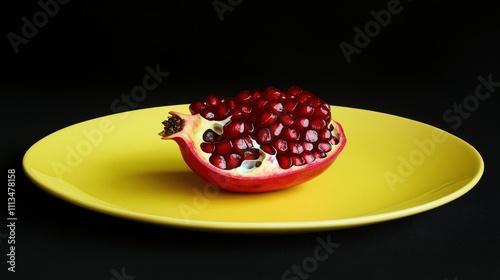 A Pomegranate Half Resting On A Yellow Plate photo