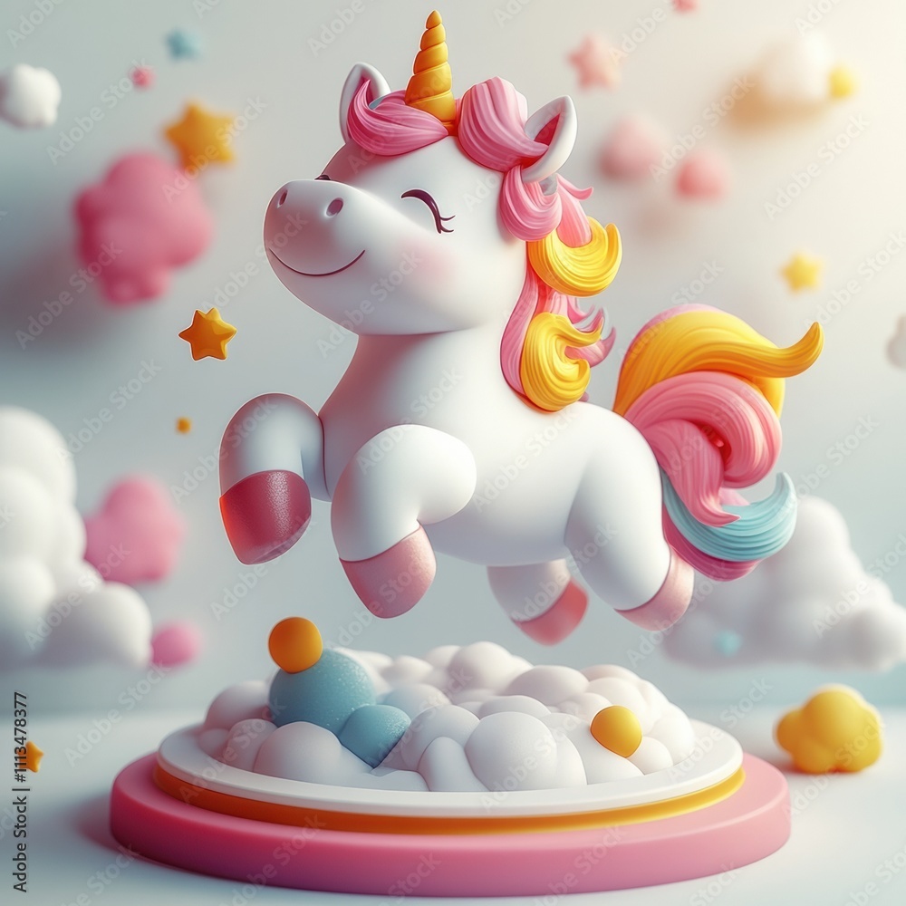 Naklejka premium Magical Unicorn Soaring Through Clouds: A whimsical 3D rendering of a cheerful unicorn soaring through a sky filled with fluffy clouds and twinkling stars. Perfect for children's books.