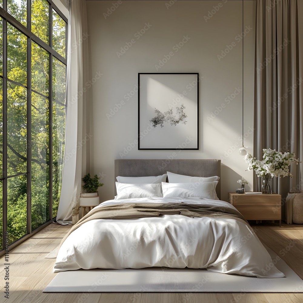 Serene Modern Bedroom with Large Windows Overlooking Lush Greenery, Featuring a Cozy Bed with White Linens, Minimalist Decor, and Natural Light Streaming. Serene Modern Bedroom with Large Windows Overlooking Lush Greenery, Featuring a Cozy Bed with White Linens, Minimalist Decor, and Natural Light Streaming.