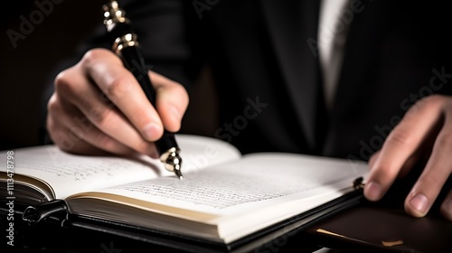 Person writing in a journal with a elegant pen photo