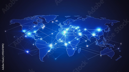 abstract business connection of line from nail node to node on world map background Innovation network points Earth's surface