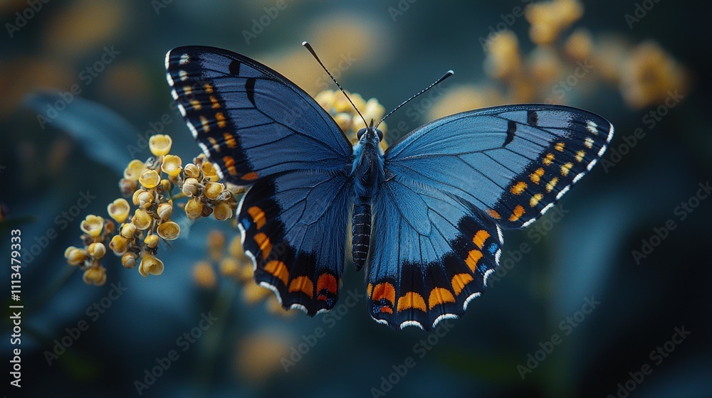 Vibrant blue butterfly on yellow flowers in natural setting Vibrant blue butterfly on yellow flowers in natural setting