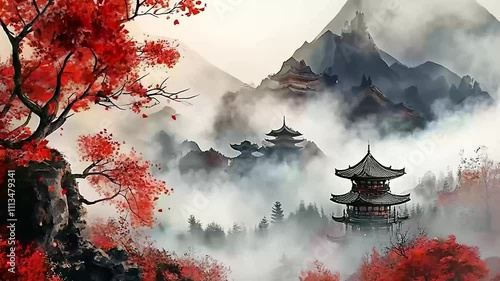 view of japanese pagoda in the mountains. Seamless looping time-lapse virtual video animation background.