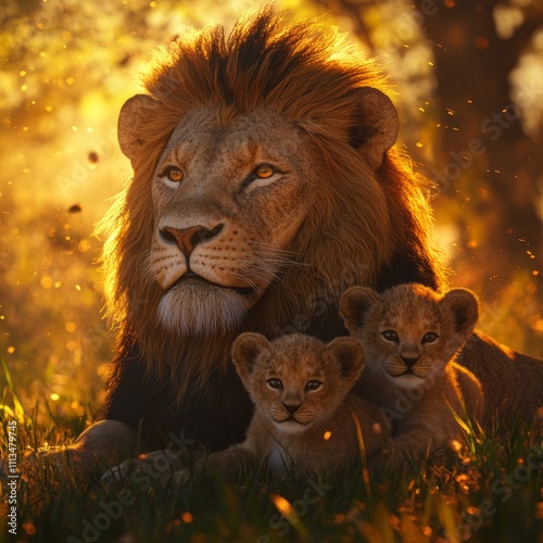 Lion and cub at sunset in the savannah. The photograph symbolizes strength, protection and parental love through the depiction of a lion and its cub in the golden light of sunset. Fathers day concept