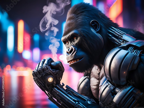 Powerful muscle gorilla contemplating in neon city futuristic art urban environment pensive viewpoint digital concept photo