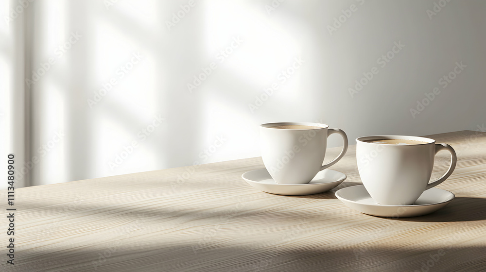 Two Cups Of Coffee On Wooden Table In Sunlight Two Cups Of Coffee On Wooden Table In Sunlight