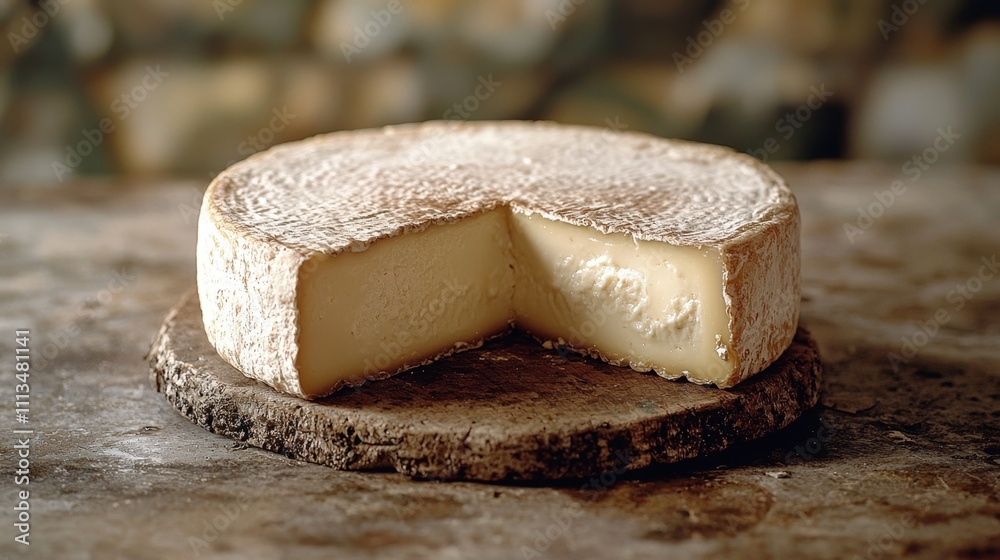 Rustic artisan cheese wheel with cut slice on wooden board Rustic artisan cheese wheel with cut slice on wooden board