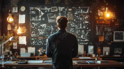 Businessman looking at startup graphs on concrete wall