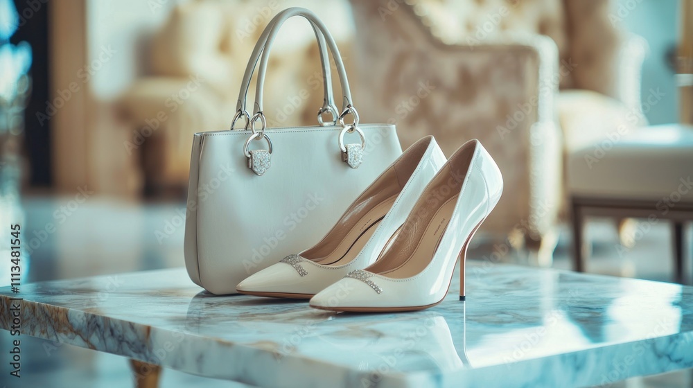 Close-up of a luxury handbag and designer shoes placed on a marble table, showcasing premium fashion accessories.