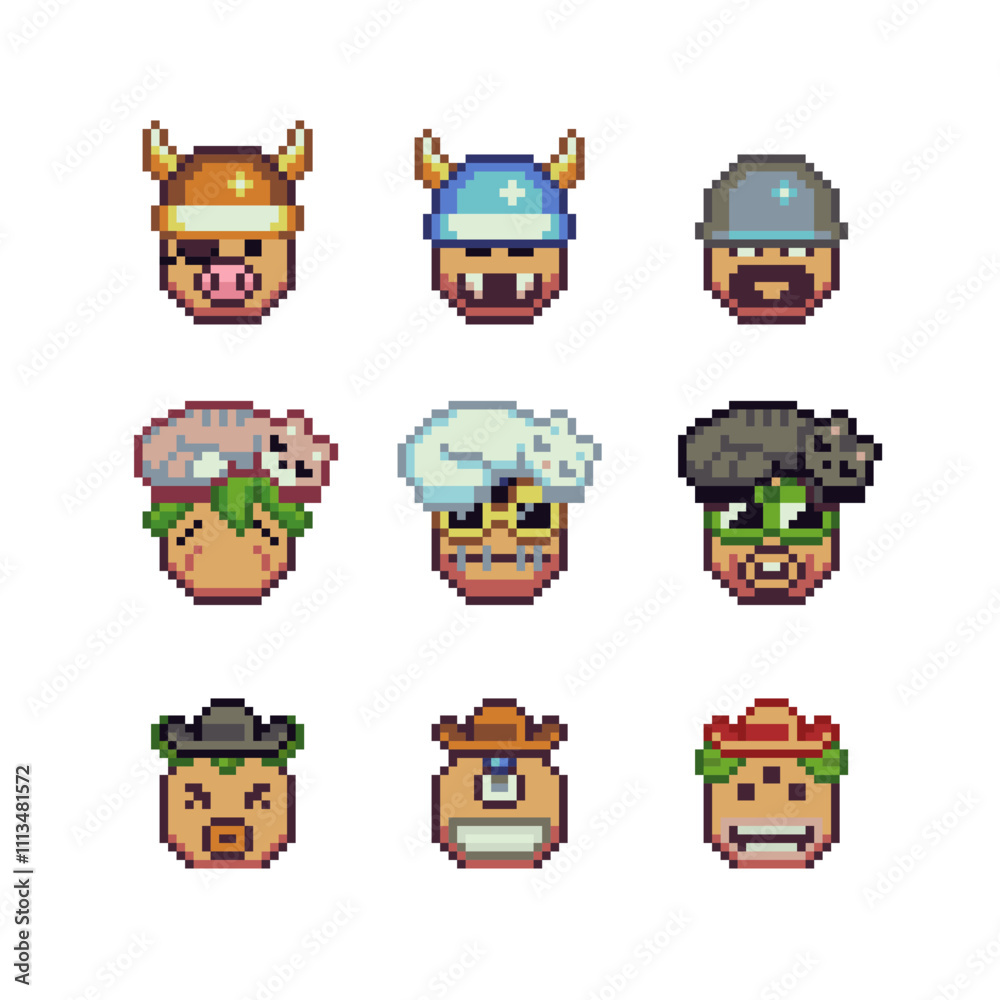 Naklejka premium Abstract funny face happy pixel art icon set, cheerful cartoon character. 8-bit flat style. Isolated abstract vector illustration.