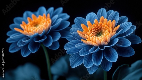 Vibrant blue and orange chrysanthemums on a dark background