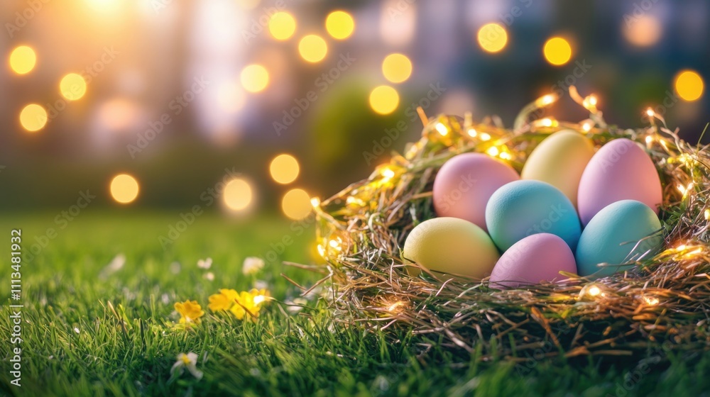 Colorful easter eggs in nest with warm bokeh lighting outdoors. Happy Easter Colorful easter eggs in nest with warm bokeh lighting outdoors. Happy Easter