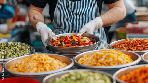 Dynamic street food preparation bustling city market culinary art urban environment close-up view cultural experience