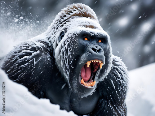 Muscle gorilla roaring in snowy wilderness wildlife photography cold environment dramatic viewpoint for nature enthusiasts photo