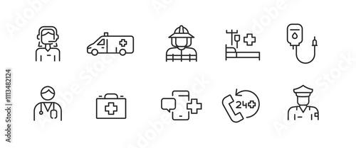 Emergency Services icons. Set of 10 modern minimalist icons dedicated to various emergency situations and responses. Includes symbols for first responders and safety equipment. Vector illustration.