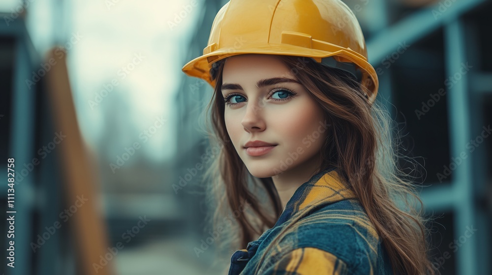 A young female worker wearing a protective helmet and safety gear on a construction site