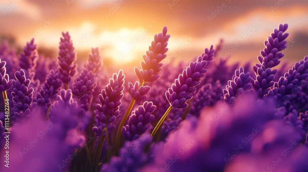 Lavender Flowers Close-Up with Sunset Background Lavender Flowers Close-Up with Sunset Background