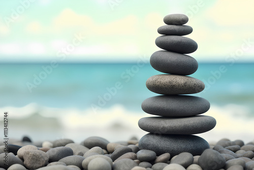Pebble tower balance harmony pyramid stones arrangement on relaxing background.