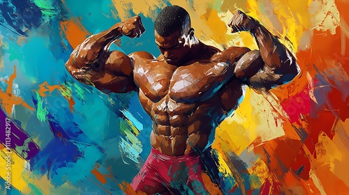 Muscular man flexing biceps against vibrant abstract background.