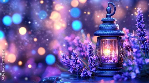 Enchanting lantern amidst blooming lavender with glowing bokeh background