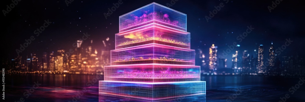 Fototapeta premium Futuristic vertical farm hologram at night with cityscape