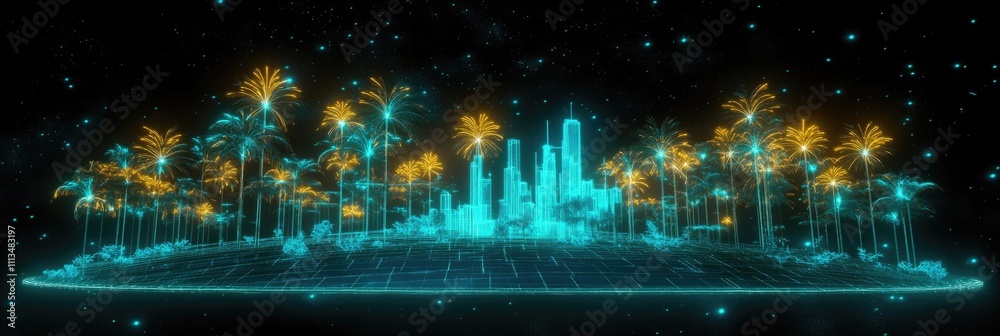 Fototapeta premium Futuristic neon cityscape with digital trees and fireworks in space